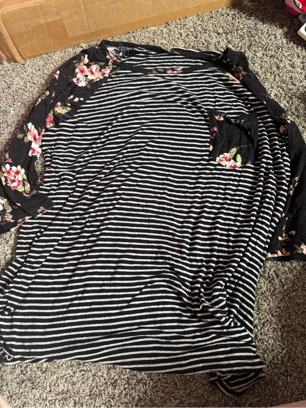 Women's Black & White Striped Floral-Trim Blouse